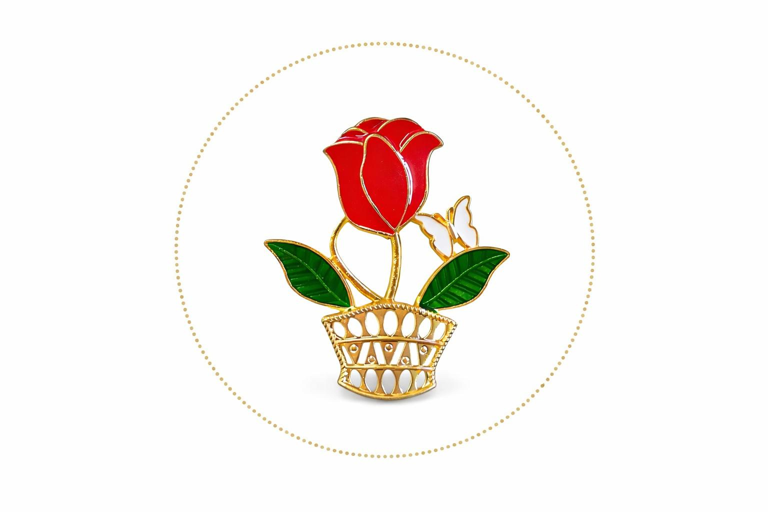 Brosa Martisor Buchet Trandafir Rosu Cos Auriu Fluture 4x4cm Elegant [1]