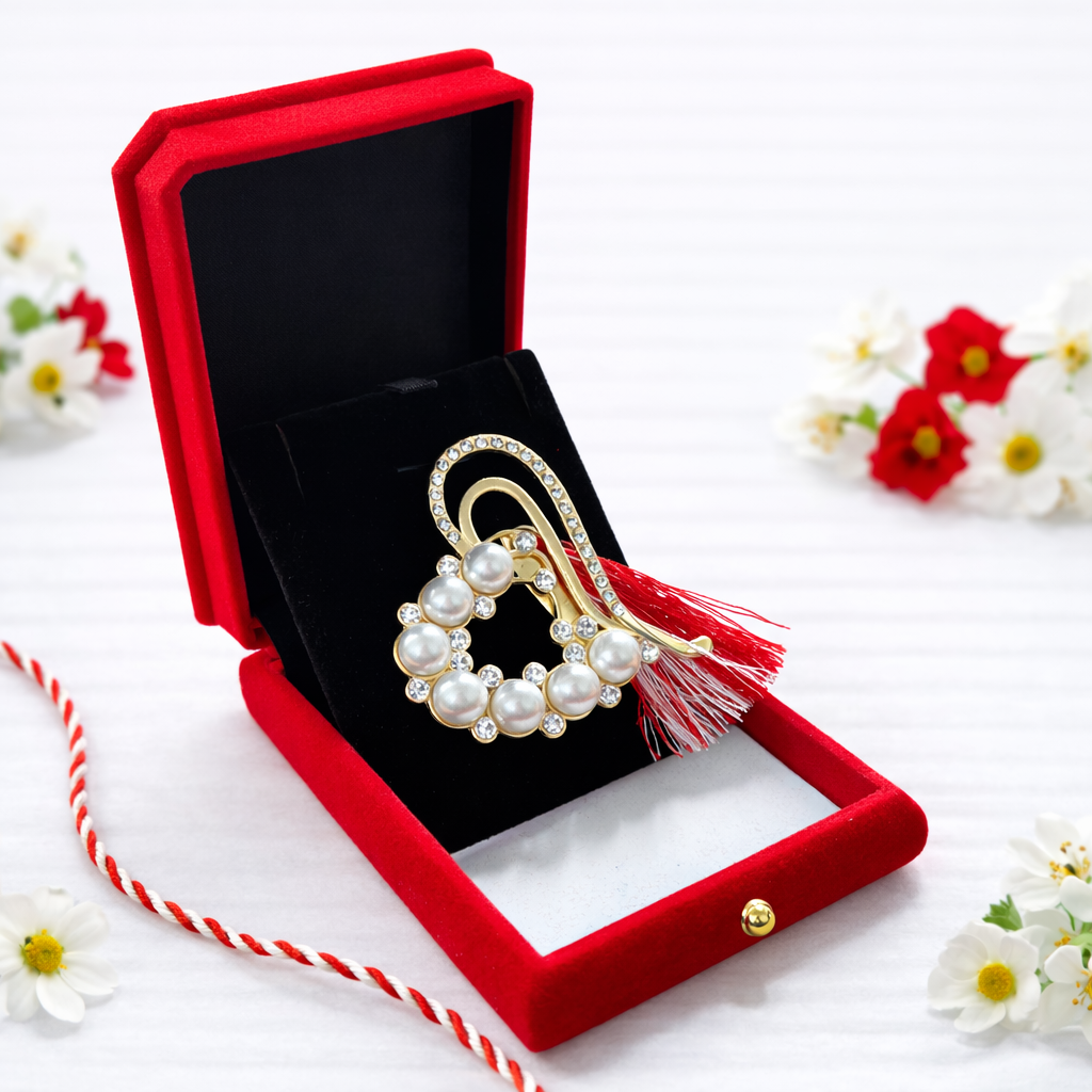 Brosa Martisor Inima cu Perle si Snur Alb-Rosu Cutie Catifea [2]