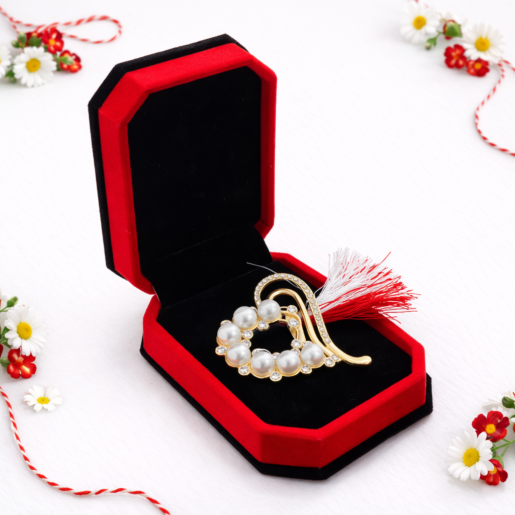 Brosa Martisor Inima cu Perle si Snur Alb-Rosu Cutie de Catifea [1]