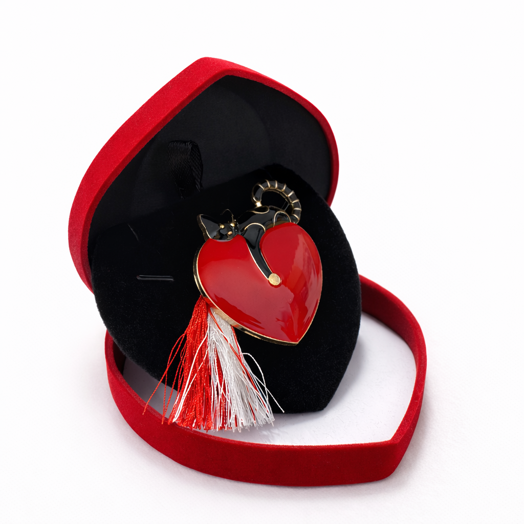 Brosa Martisor Inima cu Perle si Snur Alb-Rosu Cutie Catifea in forma de Inima
