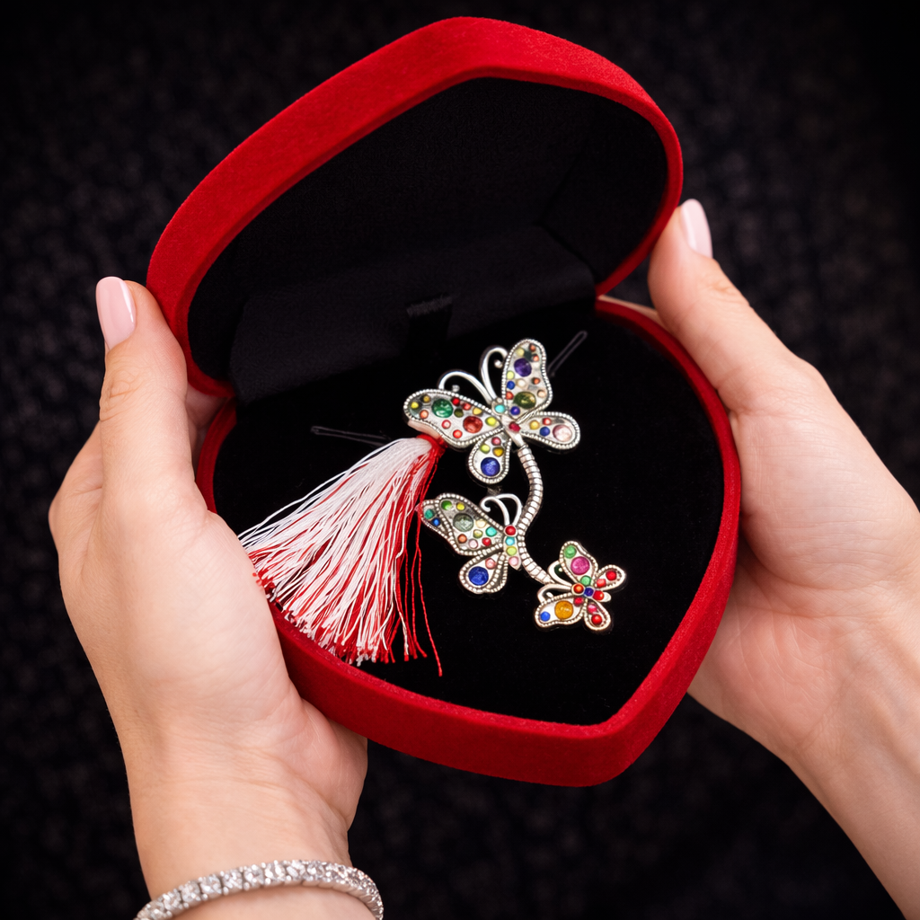 Brosa Fluturi Martisor cu Strasuri Multicolore in Cutie de Catifea [2]