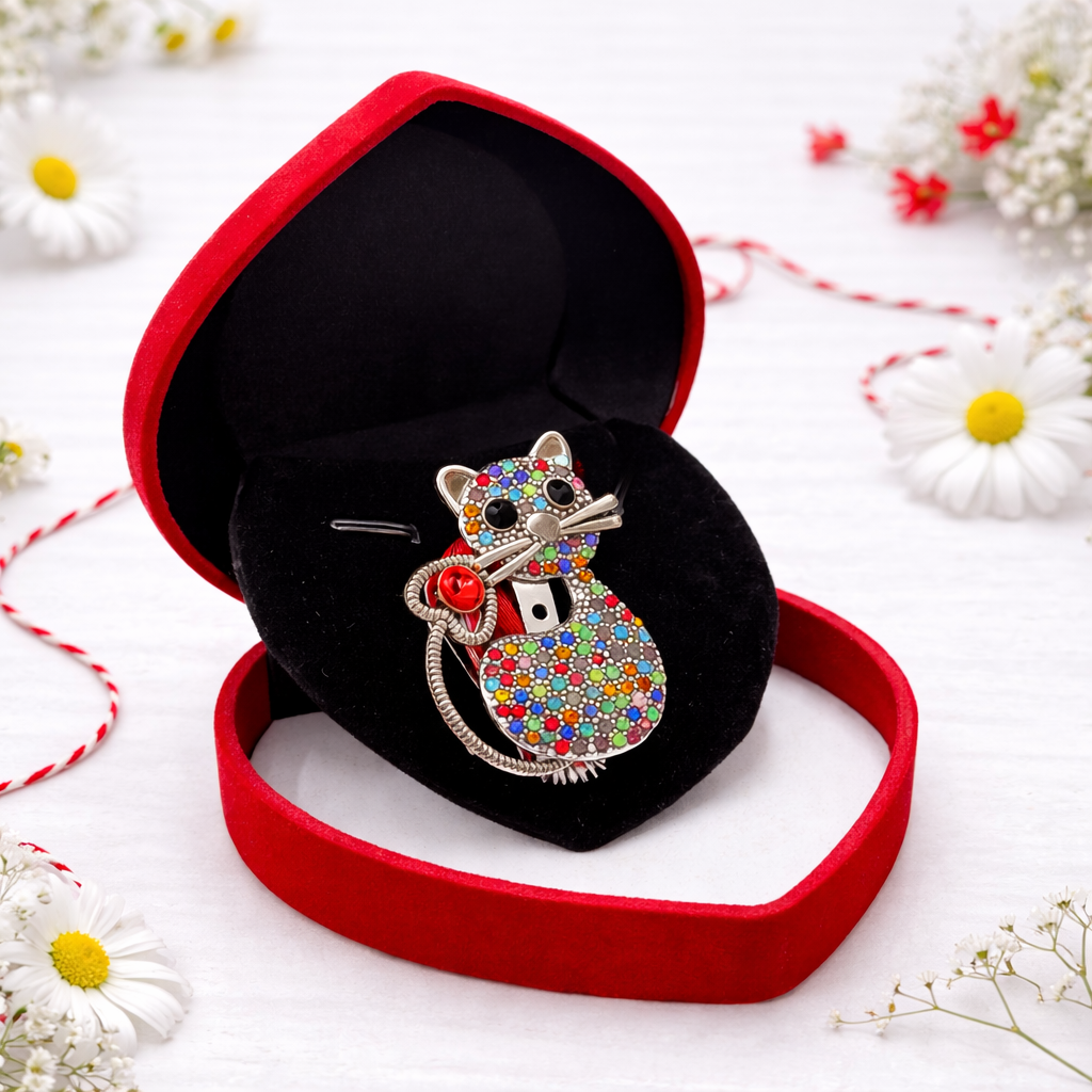 Brosa Pisica cu Strasuri Multicolore si Snur traditional [1]