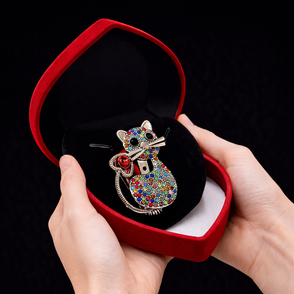 Brosa Pisica cu Strasuri Multicolore si Snur traditional [2]