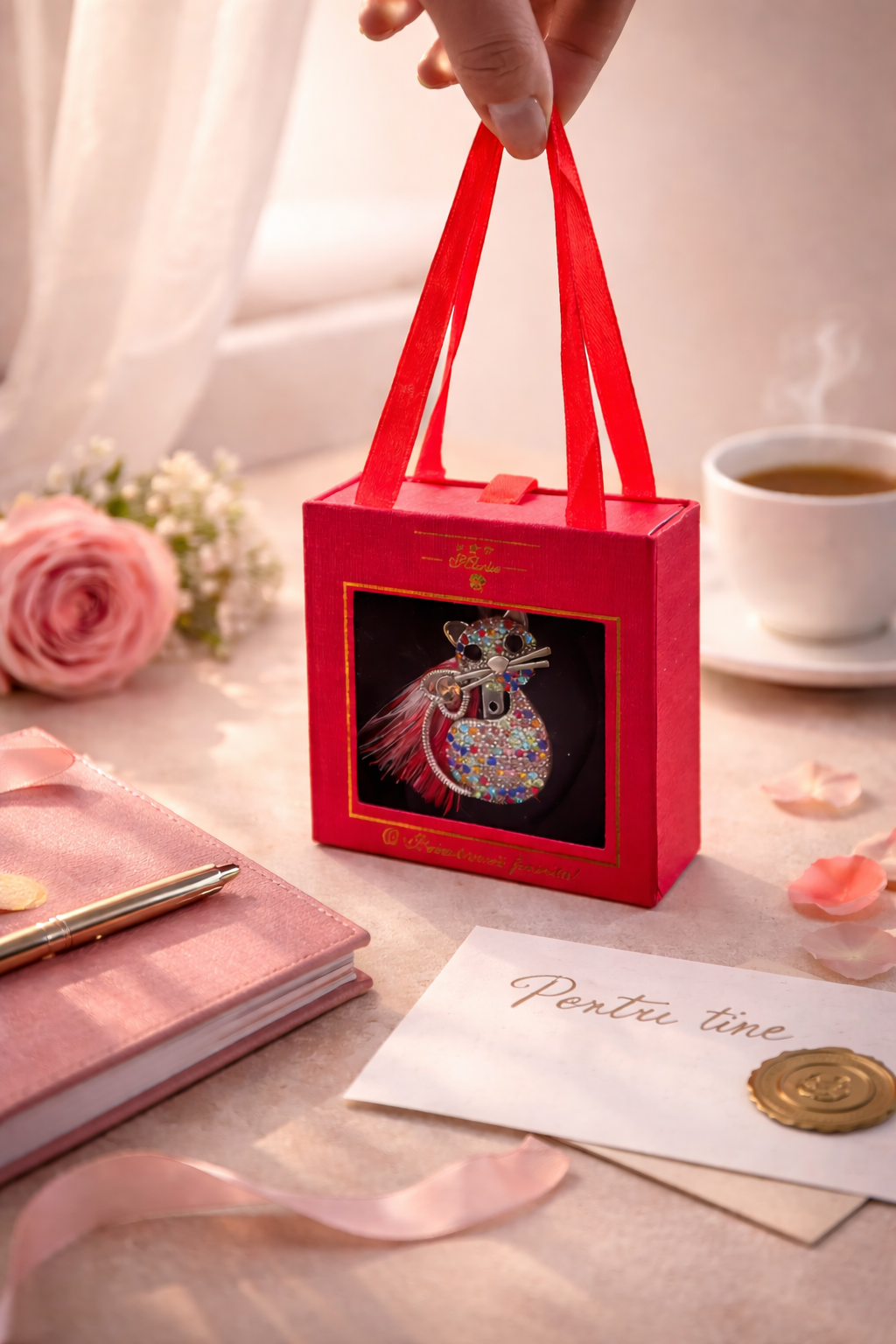 Brosa Pisica Martisor cu Strasuri Colorate in Cutie Eleganta [2]