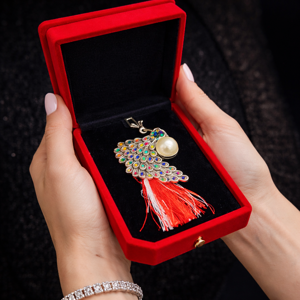 Brosa Paun Martisor cu Strasuri Multicolore si Perla [2]