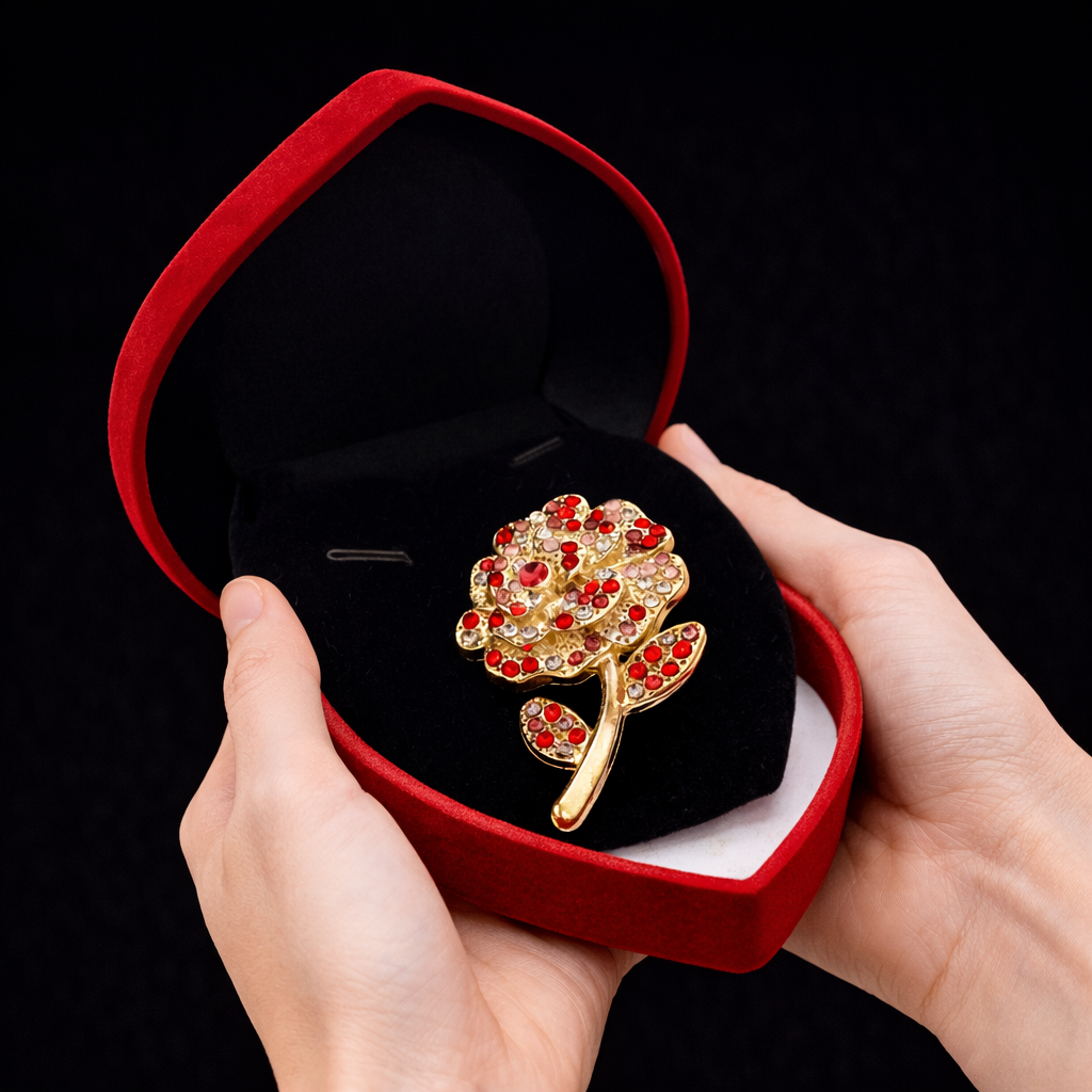 Brosa Trandafir Martisor cu Strasuri in Cutie de Catifea Eleganta [2]