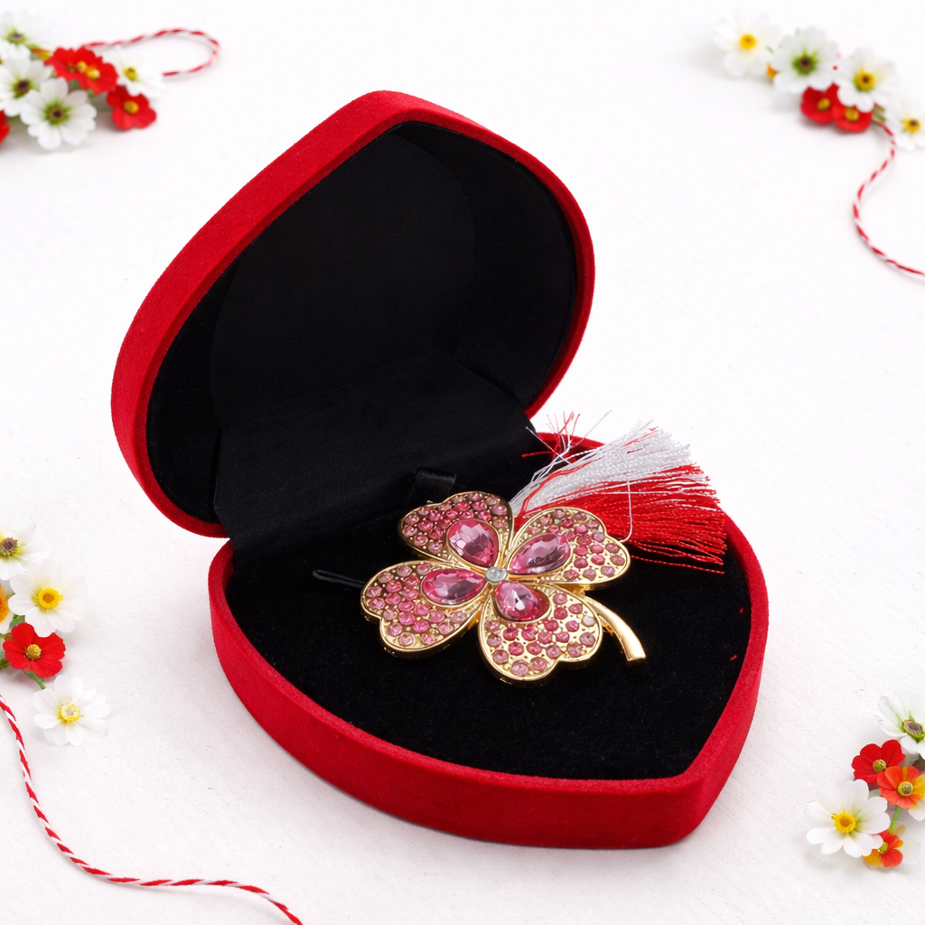 Brosa Trifoi Martisor cu Cristale Roz in Cutie de Catifea Inimioara [1]