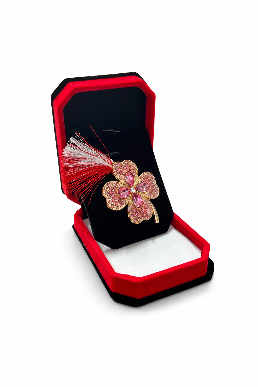 Brosa Trifoi Martisor cu Cristale Roz si Snur Traditional in Cutie de Catifea [1]