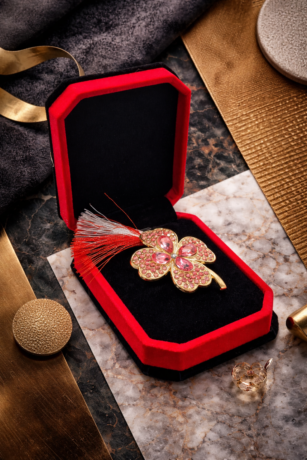 Brosa Trifoi Martisor cu Cristale Roz in Cutie de Catifea [2]