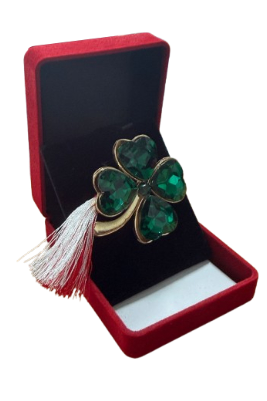 Brosa Trifoi Verde Martisor cu Cristale si Detalii Aurii in Cutie de Catifea [1]