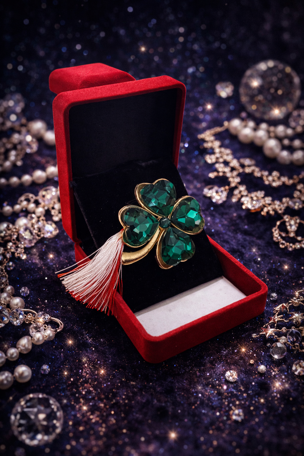 Brosa Trifoi Verde Martisor cu Cristale si Detalii Aurii in Cutie de Catifea [2]