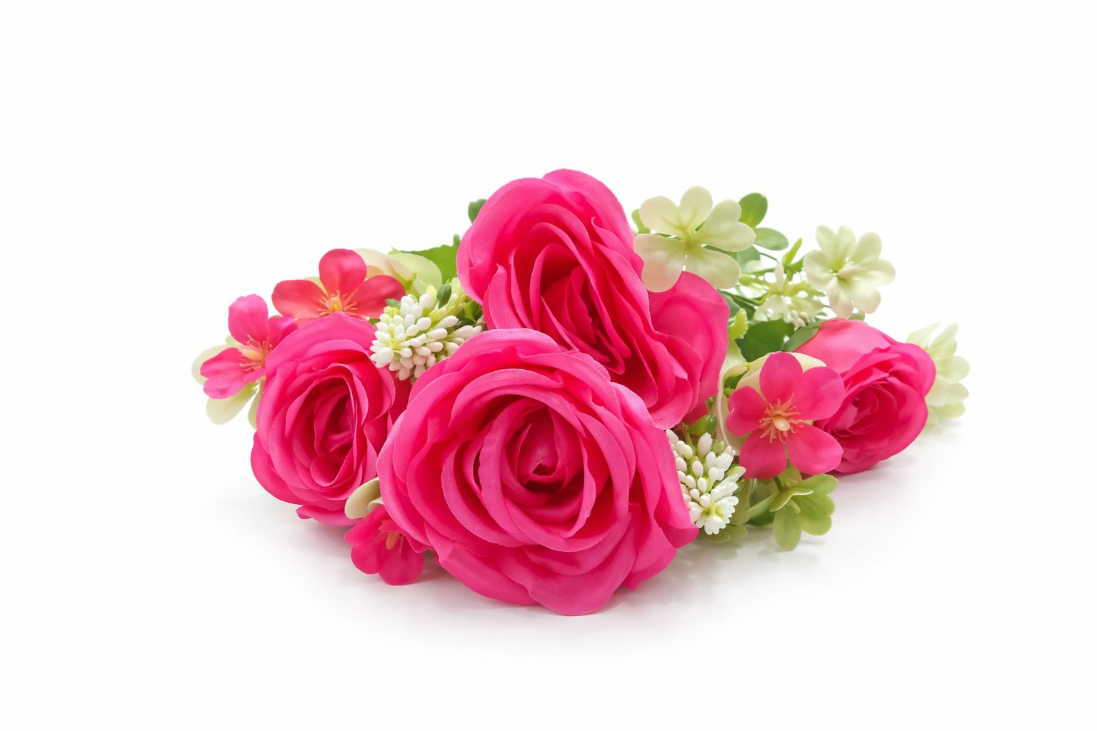 Buchet artificial 4 trandafiri roz cu flori albe decorative [1]