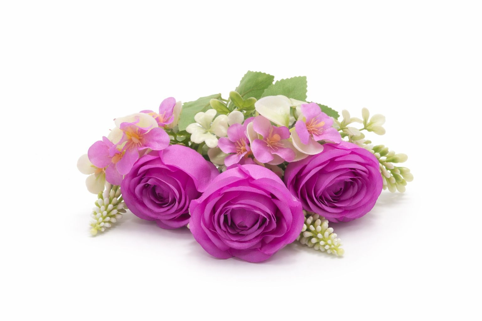 Buchet artificial 4 trandafiri mov cu flori albe decorative [2]