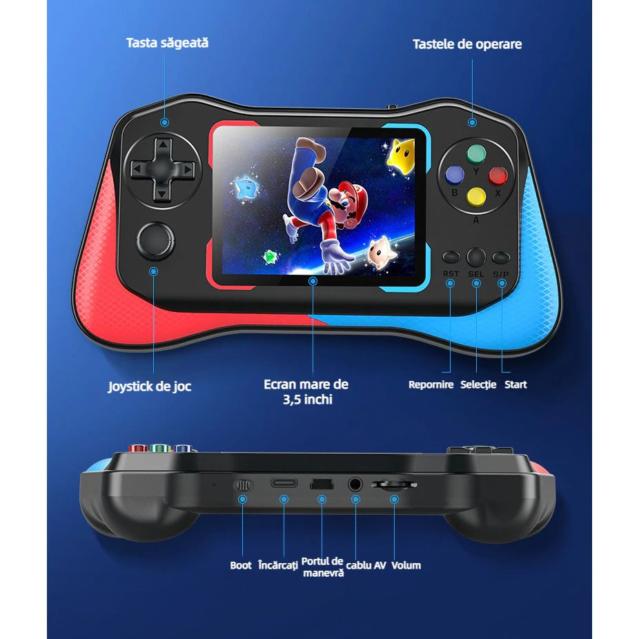 Consola Jocuri Portabila Retro Classic Game – Joystick Display 3.5 inch Lumini Sunete USB TV Out Design Sportiv Albastru Rosu [1]