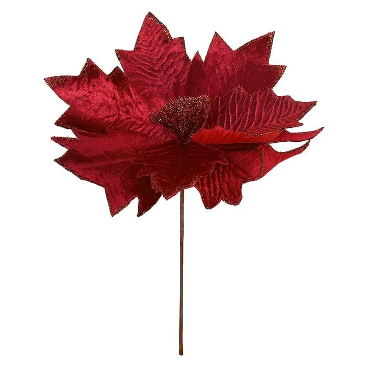 Floare Craciun Poinsettia Rosie Catifea cu Glitter - Tija Clip pentru Brad Aranjamente 32cm
