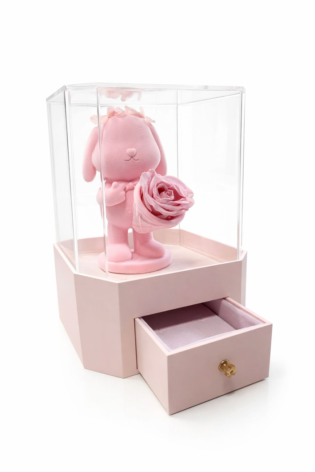 Iepuras cu trandafir in vitrina 22x15x15 cm, 1kg cu sertar bijuterii si punga cadou [1]
