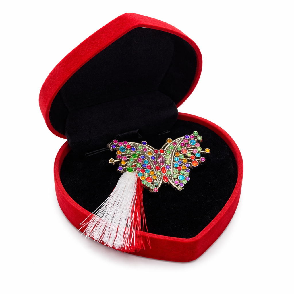 Brosa Fluture Martisor Premium cu Pietre Multicolore si Snur Alb-Rosu [0]
