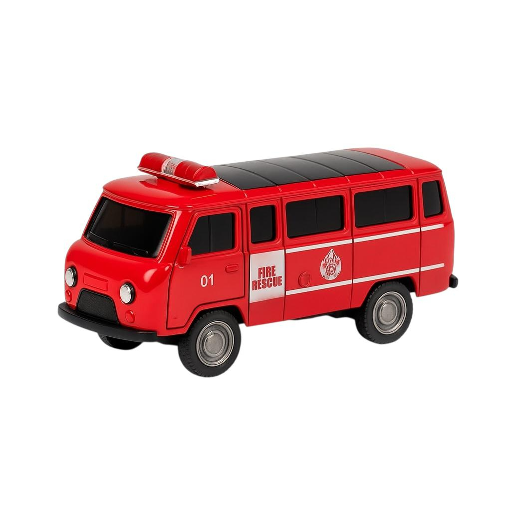 Masinuta Metalica Autoutilitara Pompieri - Scara 1:36 Pull Back Lumini Sunete Copii 3+