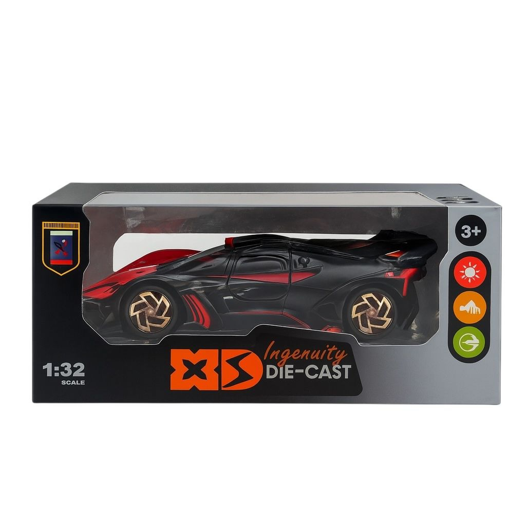Masinuta Sport Metalica Die-Cast Ingenuity Neagra Rosie - Scara 1:32 Pull Back Lumini Sunete Copii 3+