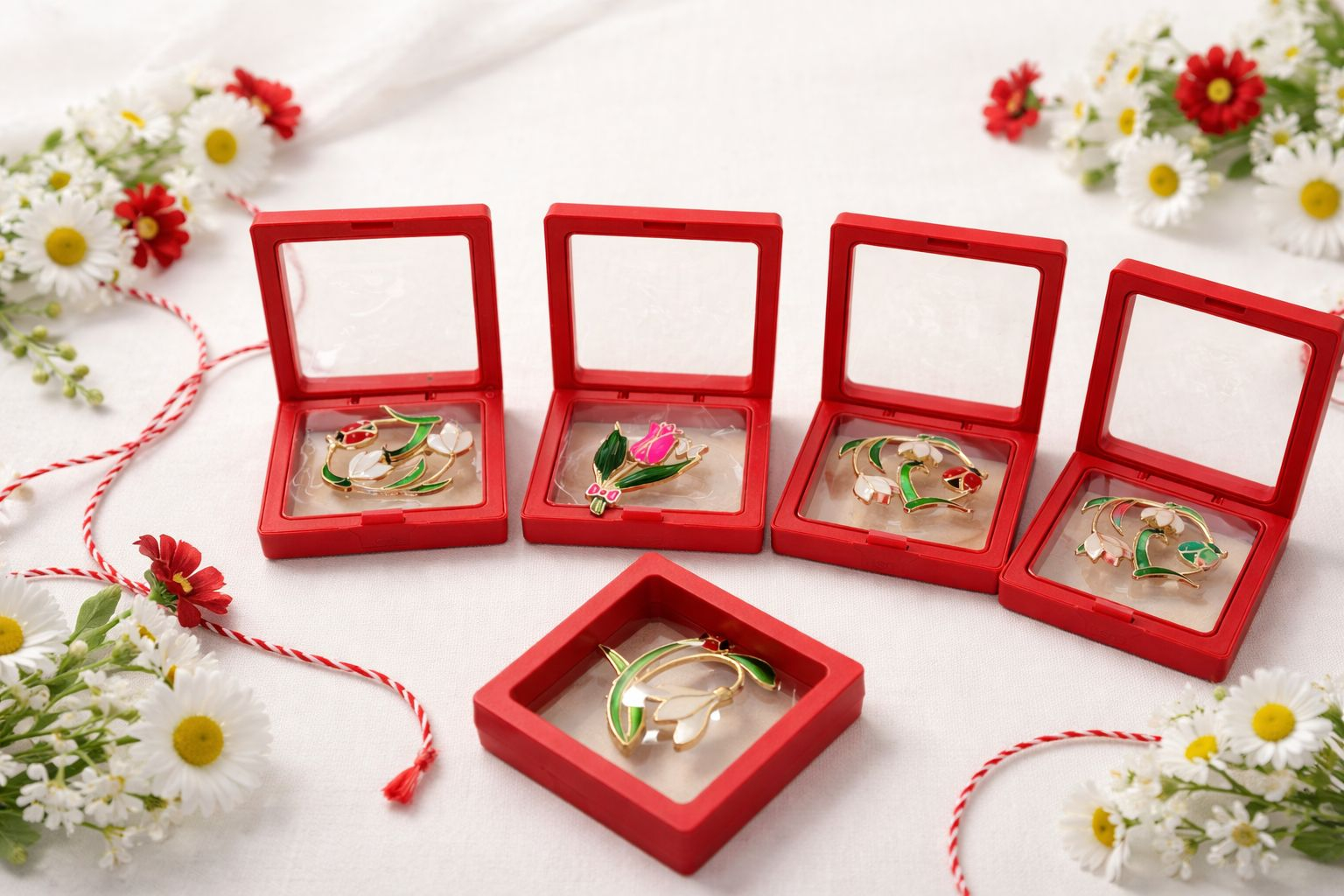 Oferta 9 brose modele mixte de 4 cm in cutie rosie eleganta de 7x7 cm [1]