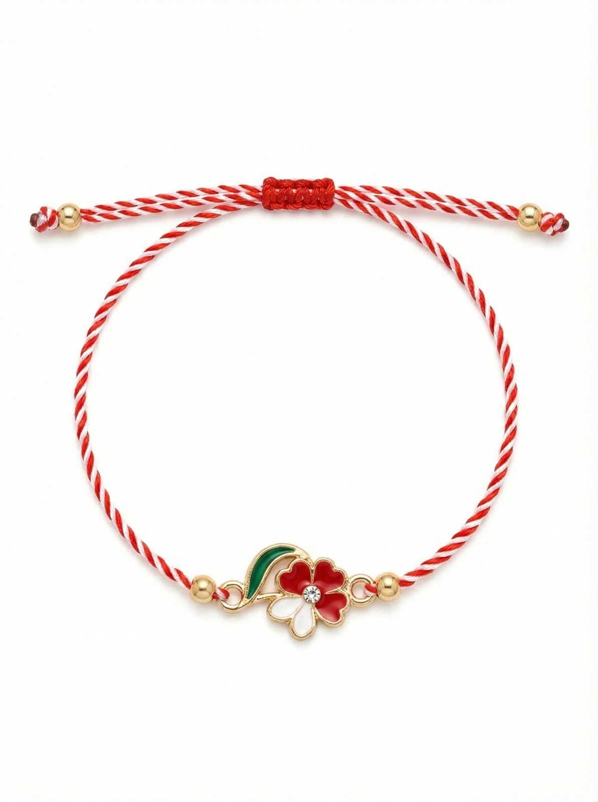 Set 12 bratari martisor cu floricica alb rosu, snur reglabil si detalii metalice [1]