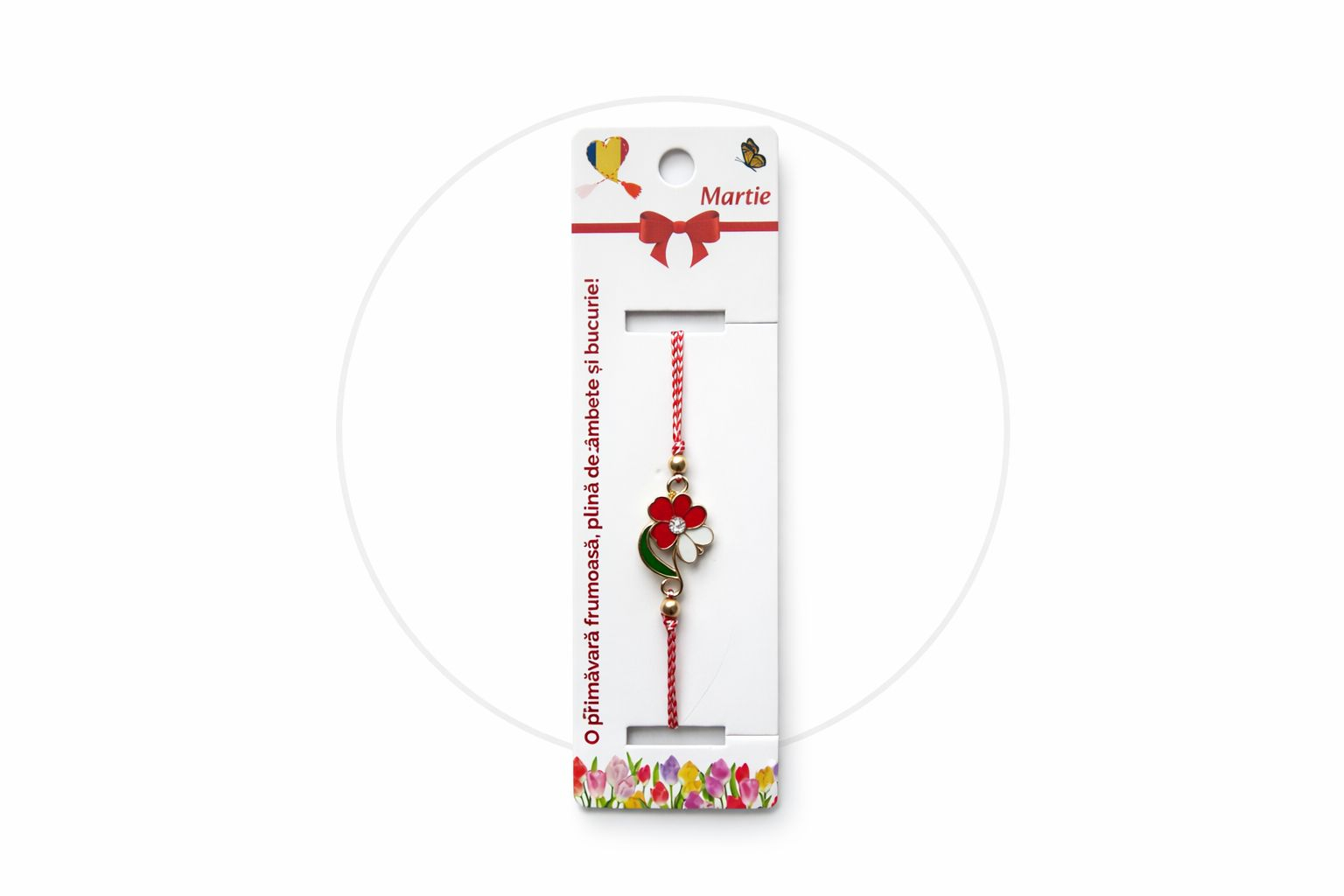 Set 12 bratari martisor cu floricica alb rosu, snur reglabil si detalii metalice [3]