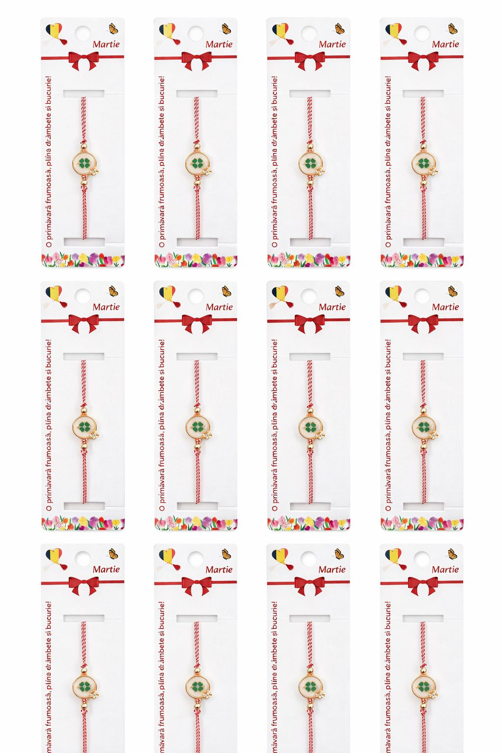 Set 12 bratari martisor cu trifoi norocos si snur rosu alb, ambalate individual [4]