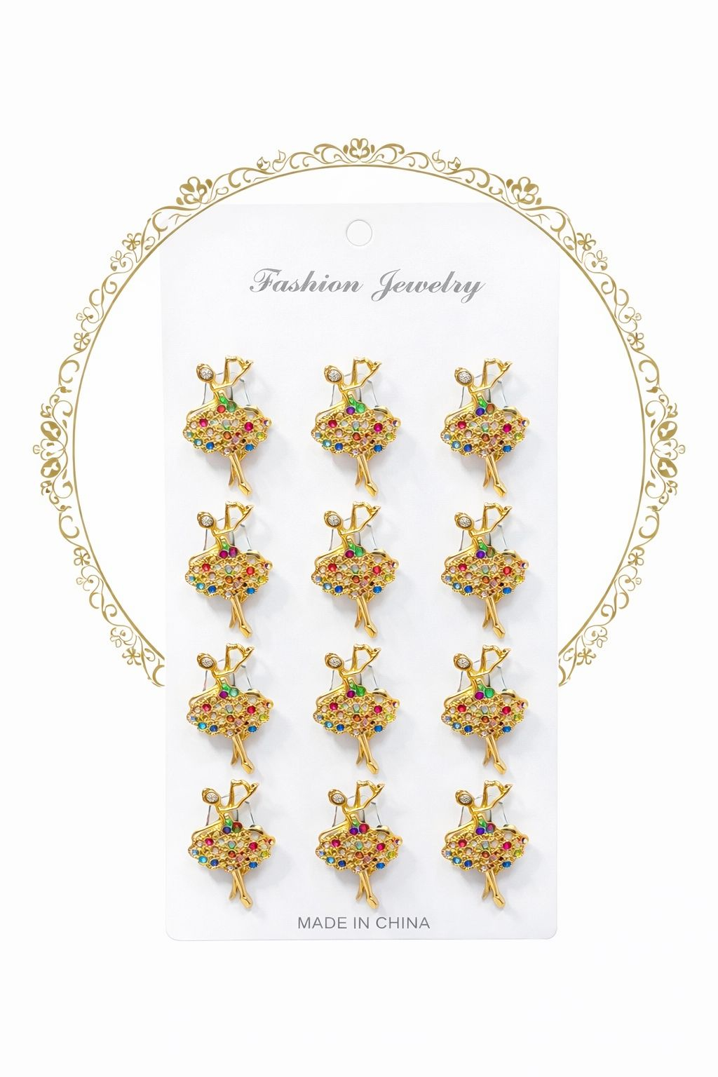 Set 12 brose Martisor pe carton prezentare, 17x10 cm, Cadou 1 Martie, Balerina cu strasuri [1]