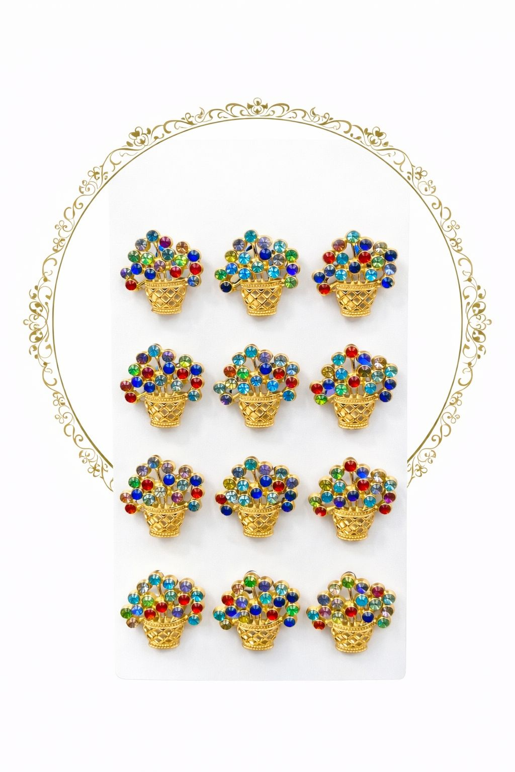 Set 12 brose Martisor pe carton prezentare, 17x10 cm, Cadou 1 Martie, Cos cu flori multicolore [1]