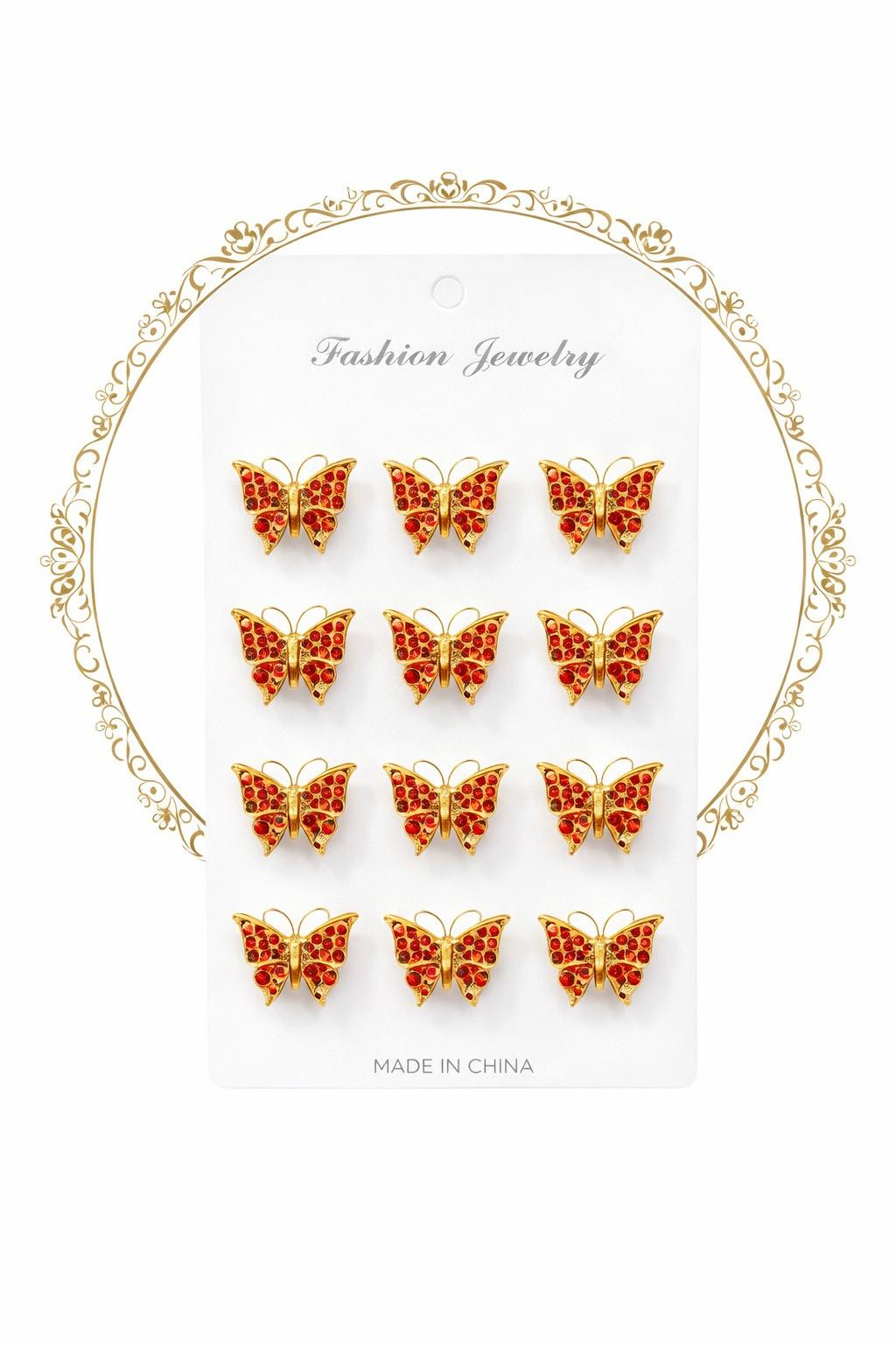 Set 12 brose Martisor pe carton prezentare, 17x10 cm, Cadou 1 Martie, Fluturi cu strasuri [1]