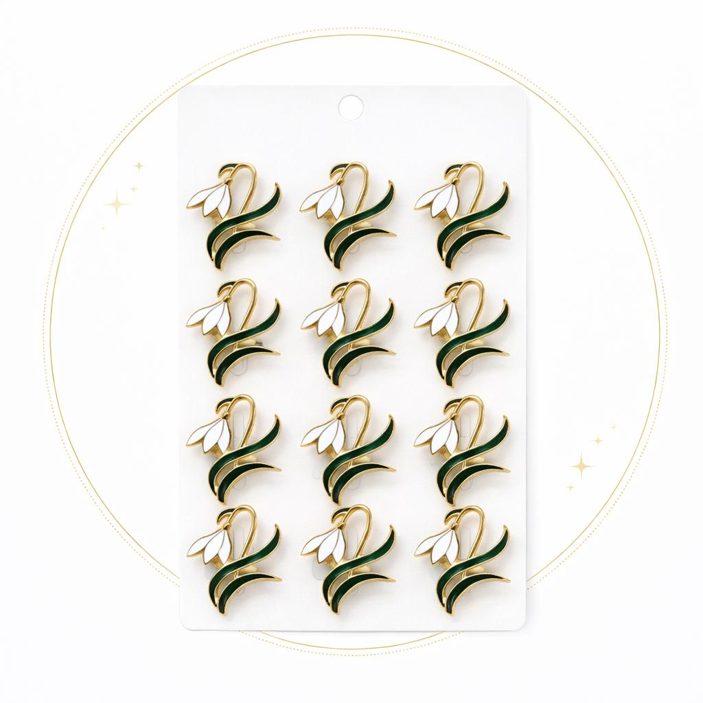 Set 12 brose Martisor pe carton prezentare, 17x10 cm, Cadou 1 Martie, Ghiocel auriu / negru [1]