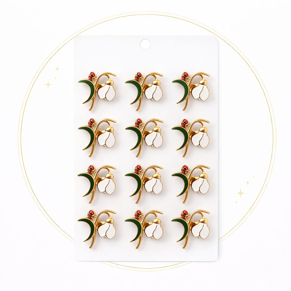 Set 12 brose Martisor pe carton prezentare, 17x10 cm, Cadou 1 Martie, Ghiocel cu buburuza [1]