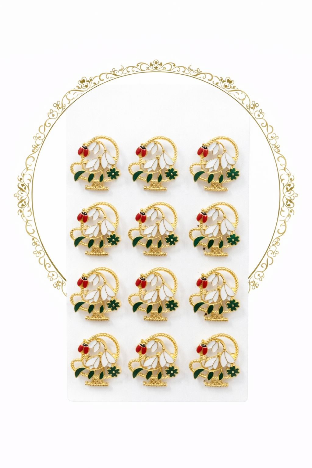 Set 12 brose Martisor pe carton prezentare, 17x10 cm, Cadou 1 Martie, Ghiocel cu buburuza [1]