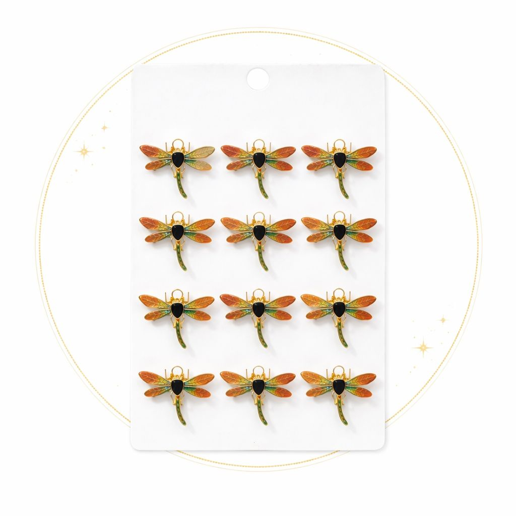 Set 12 brose Martisor pe carton prezentare, 17x10 cm, Cadou 1 Martie, Libelula auriu / portocaliu [1]