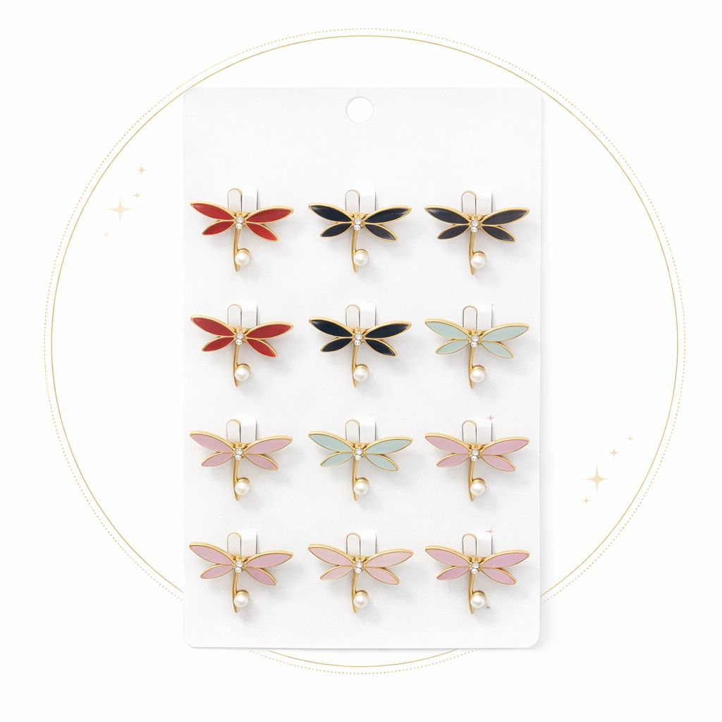 Set 12 brose Martisor pe carton prezentare, 17x10 cm, Cadou 1 Martie, Libelule diverse culori [1]