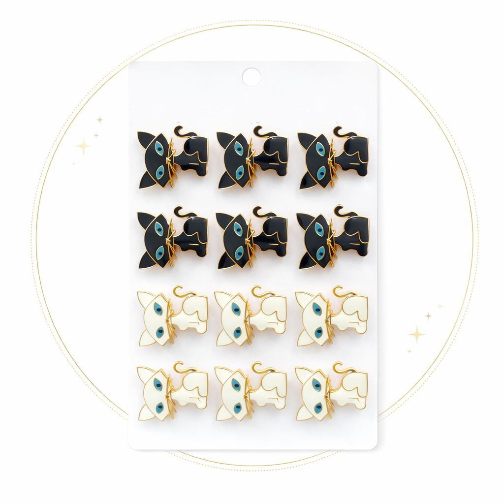 Set 12 brose Martisor pe carton prezentare, 17x10 cm, Cadou 1 Martie, Pisica alb / negru [1]