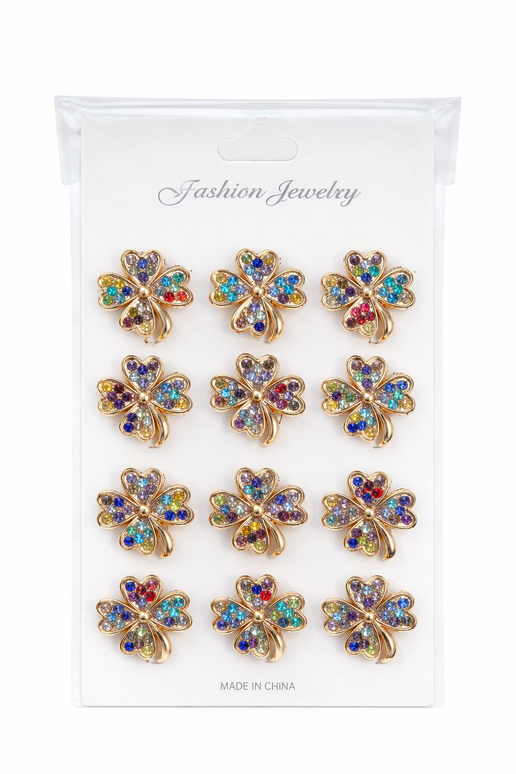 Set 12 brose Martisor pe carton prezentare, 17x10 cm, Cadou 1 Martie, Trifoi cu strasuri multicolor [0]