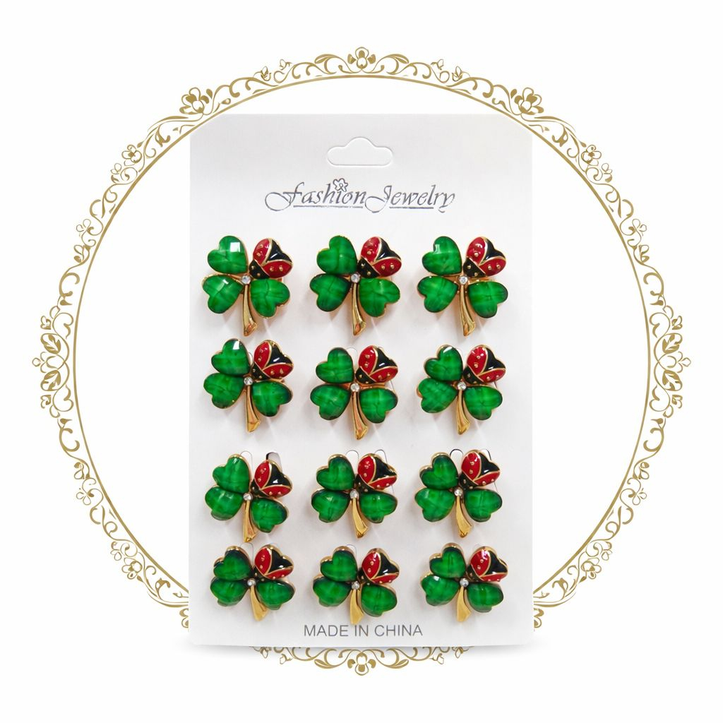 Set 12 brose Martisor pe carton prezentare, 17x10 cm, Cadou 1 Martie, Trifoi norocos cu Buburuza [1]