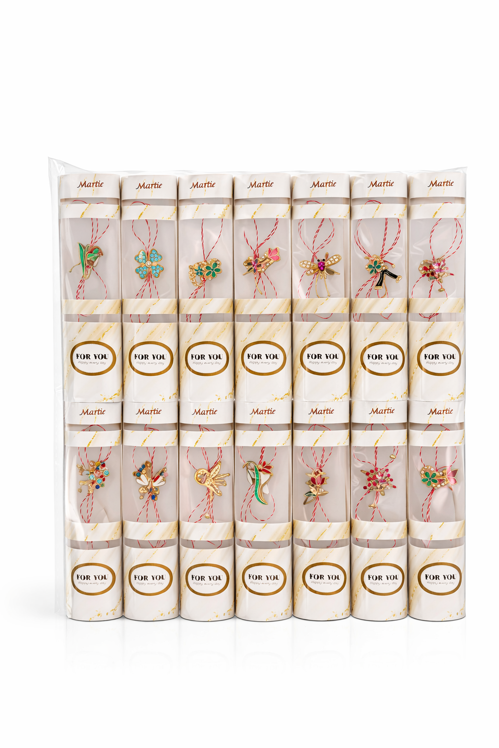Set 14 Brose Martisor Metalice cu Snur Traditional, Ambalaj Elegant, Cadou 1 Martie 14x7 cm