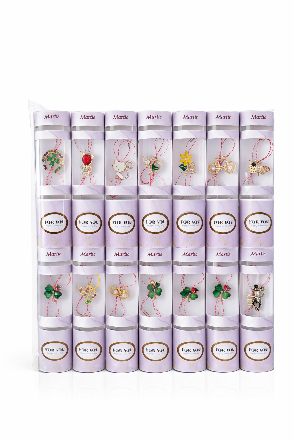 Set 14 Brose Martisor Metalice cu Snur Traditional, Ambalaj Elegant, Cadou 1 Martie 14x7 cm
