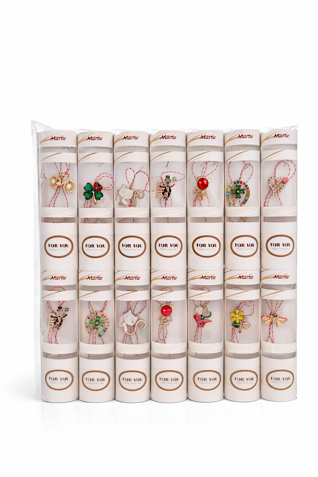 Set 14 Brose Martisor Metalice cu Snur Traditional, Ambalaj Elegant, Cadou 1 Martie 14x7 cm
