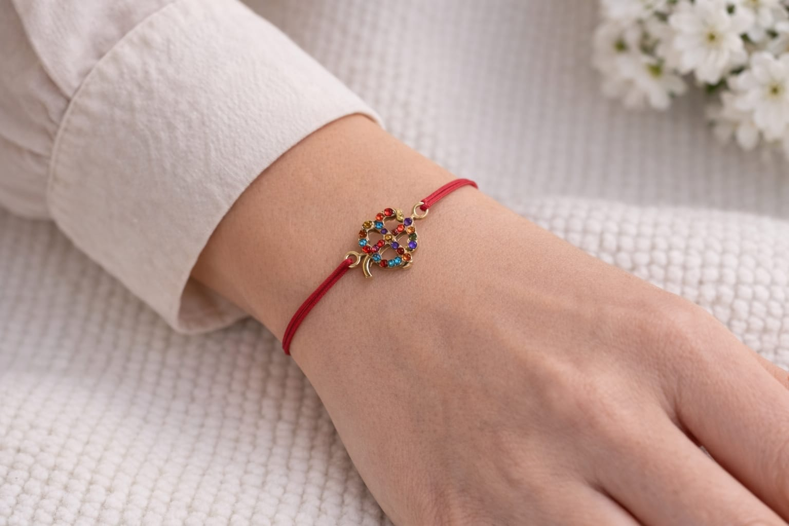 Set 24 bratari martisor 12x3 cm snur rosu cu charm trifoi colorat, cadou primavara [1]