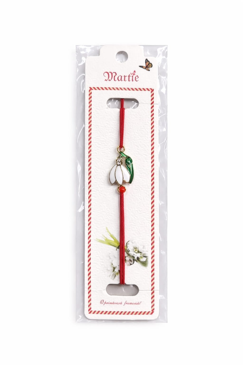 Set 24 bratari martisor 12x3 cm snur rosu cu charm floare alba, cadou primavara