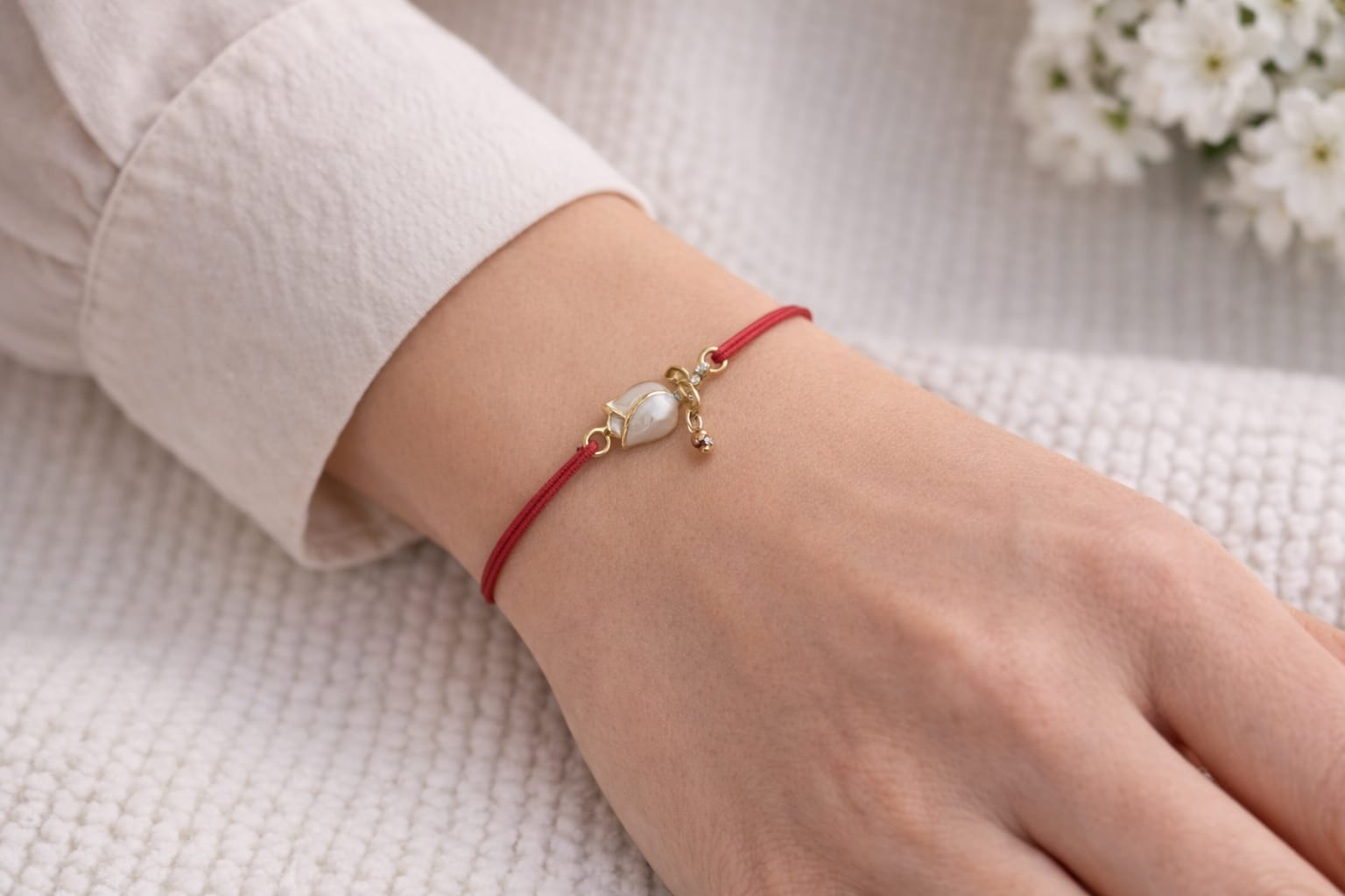 Set 24 bratari martisor 12x3 cm snur rosu cu charm floare aurie, cadou primavara [1]