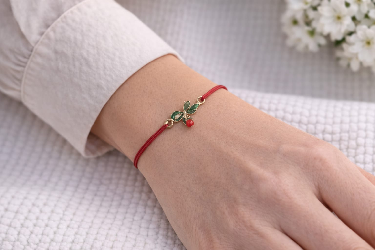 Set 24 bratari martisor 12x3 cm snur rosu cu charm ghiocel decorat, cadou primavara [1]