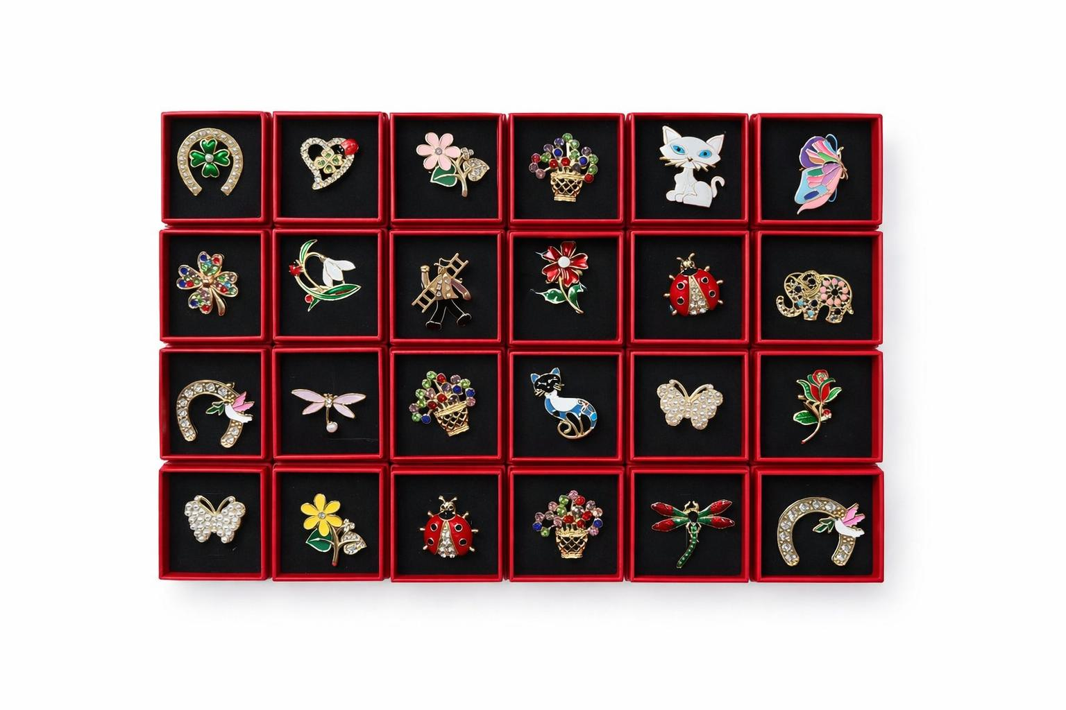 Set 24 brose diverse in cutiute 4x4 cm rosii, cadou primavara elegant si colorat [3]