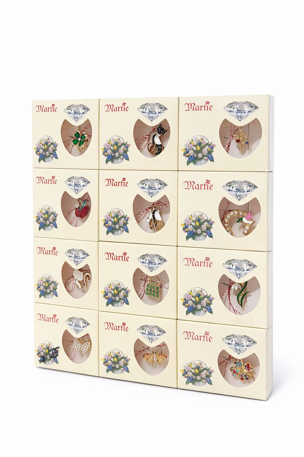 Set 24 brose martisor modele combinate, ambalaj individual elegant, 9x7.5cm [1]