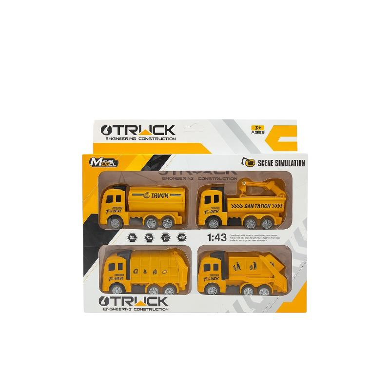 Set 4 Masinute Constructii Sanitation Engineering - Mecanism Frictiune Pull-Back Galben 1:43