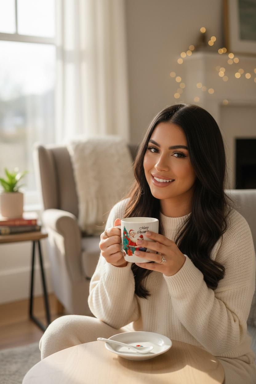 Set Cana Ceramica cu Lingurita si Farfuriuta, Tematica de Craciun, în Cutie Cadou –17.5x15x9cm [1]