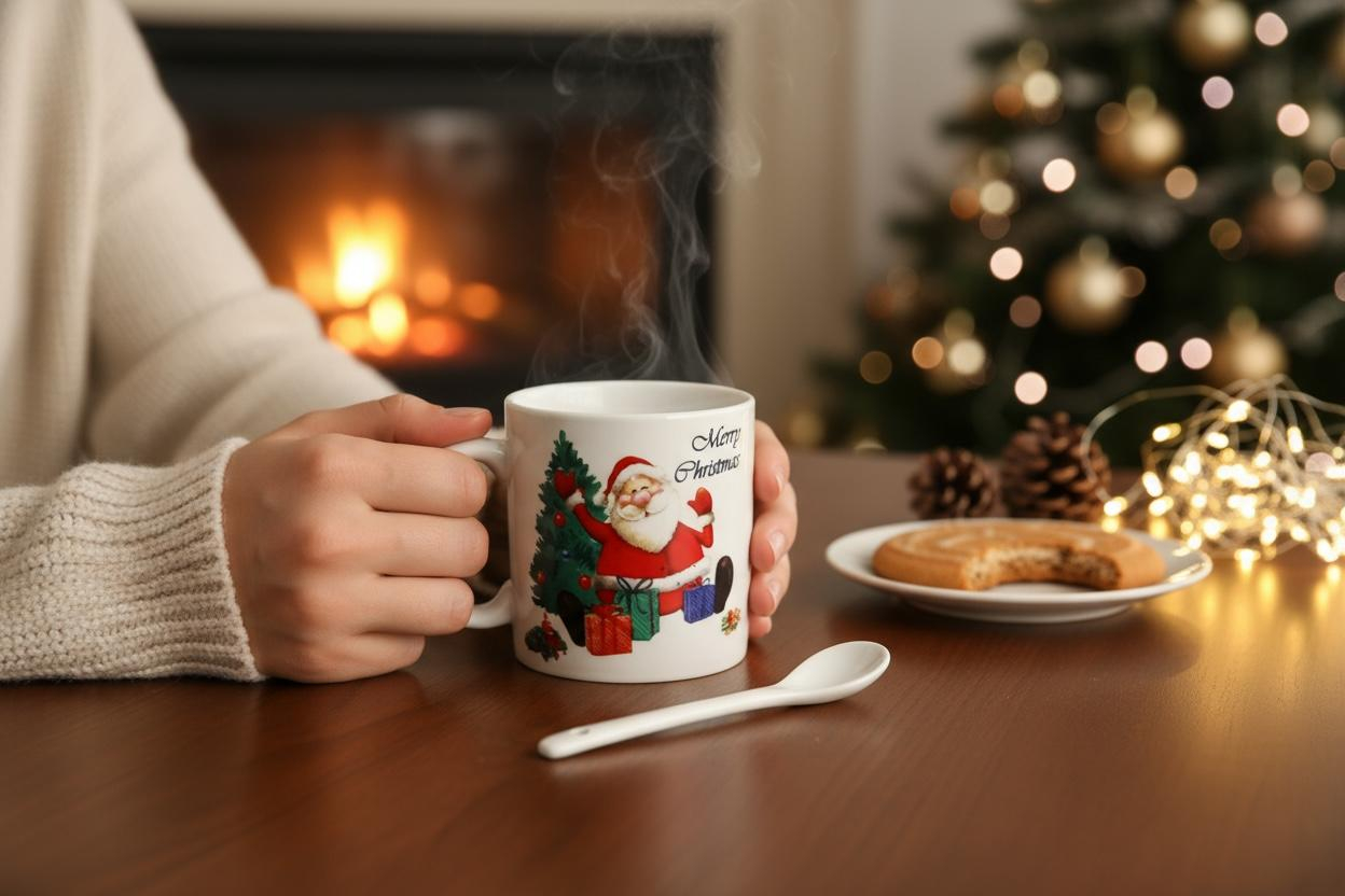 Set Cana Ceramica cu Lingurita si Farfuriuta, Tematica de Craciun, în Cutie Cadou –17.5x15x9cm [2]